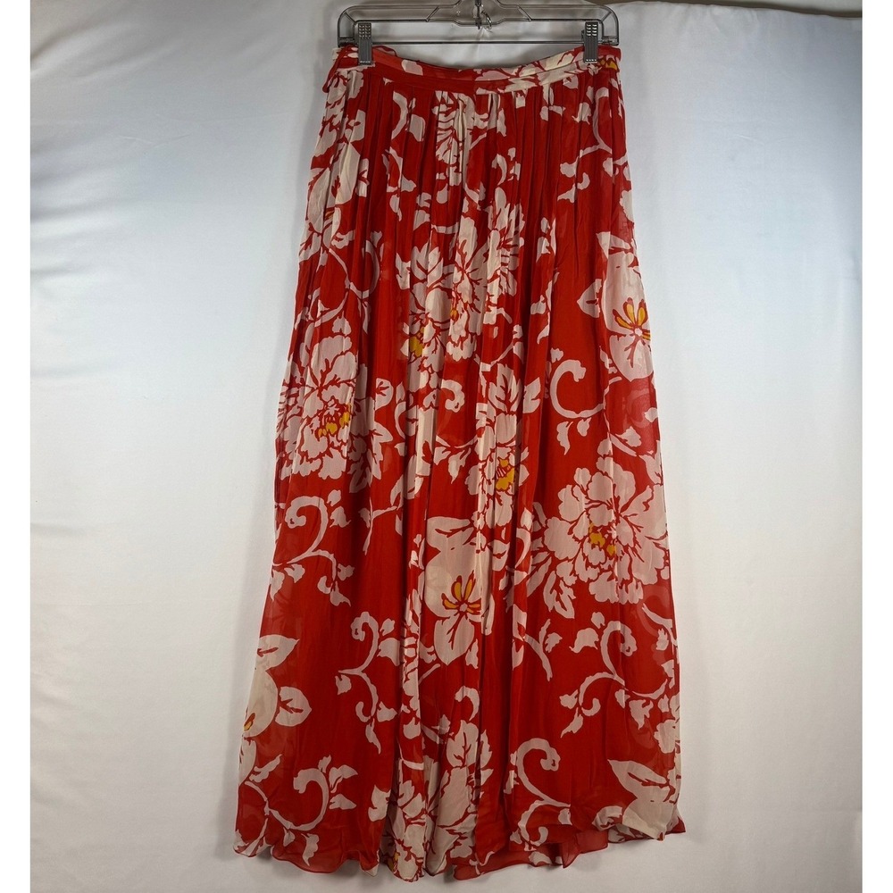 Megan Park Red Cream Floral Silk Maxi Skirt Size 0 Pleated A-Line Long Skirt